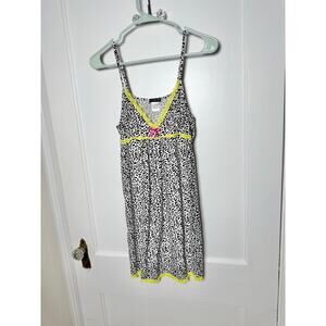Vintage Y2K Black White Leopard Babydoll Lime Green Cami Mini Dress Women's MED